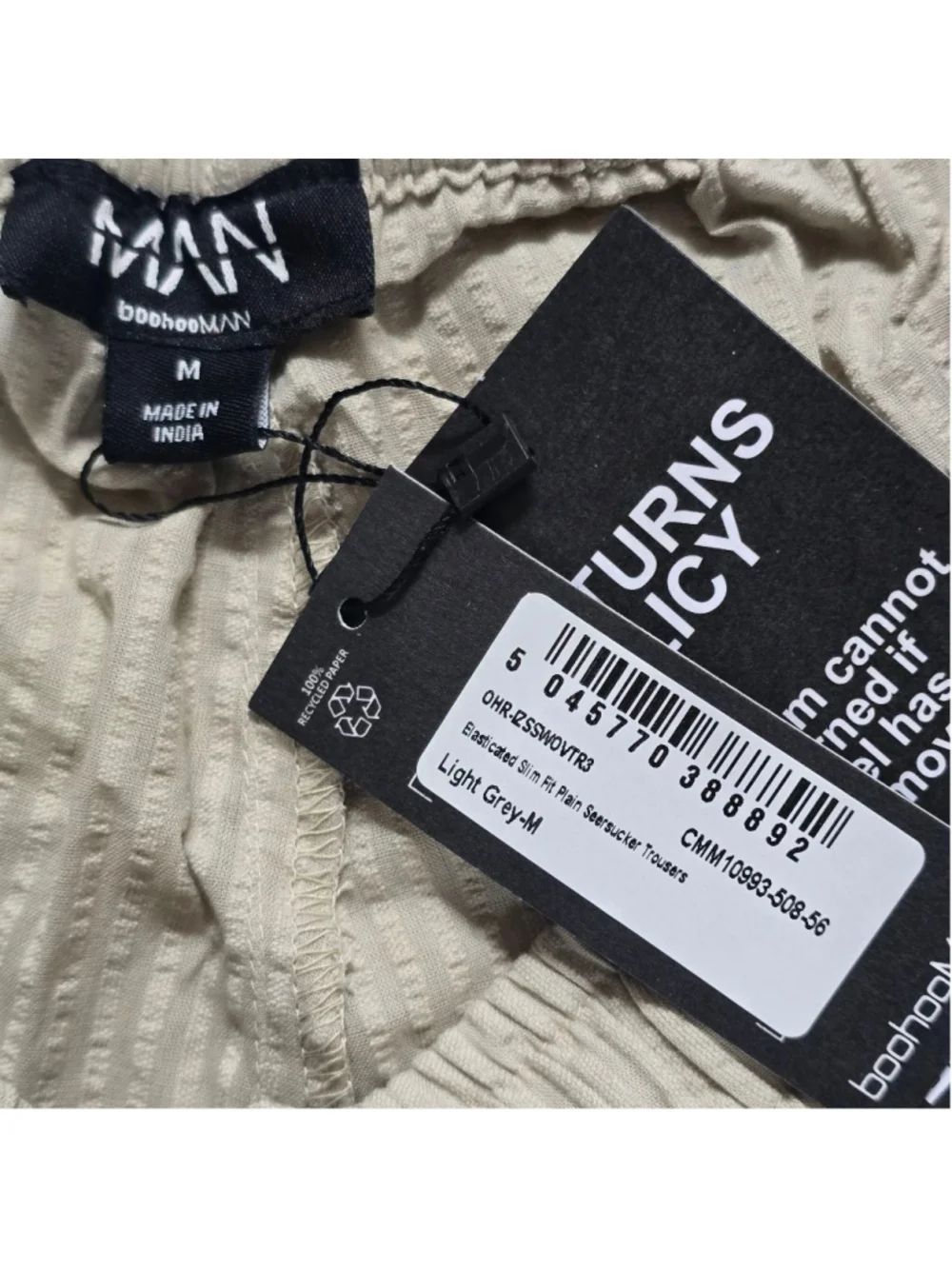 Men's boohooMAN Slim Fit Seersucker Trousers M Light Grey